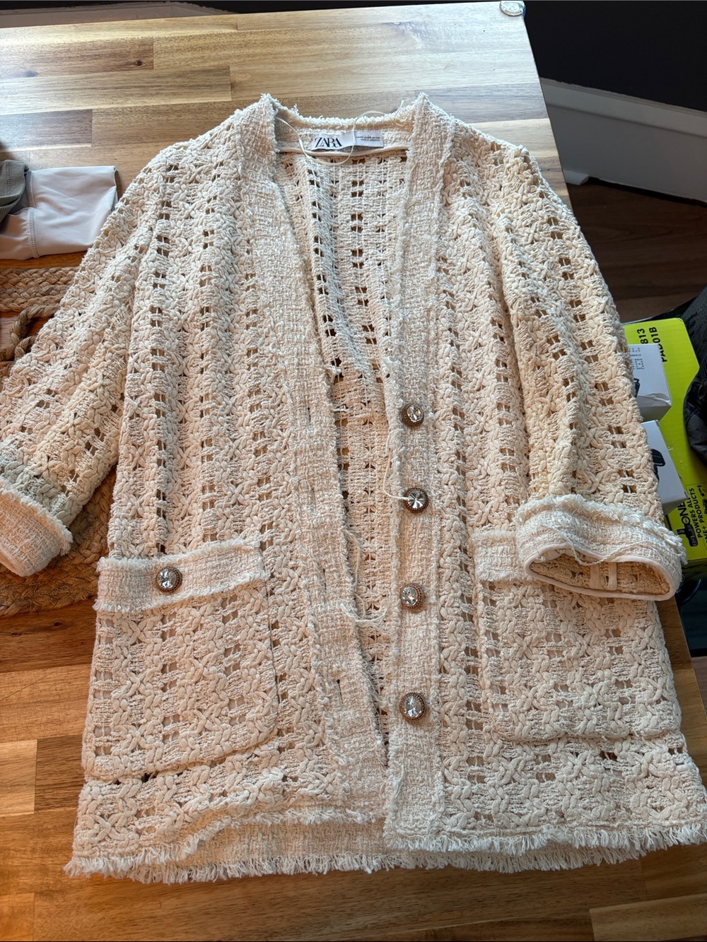 ZARA Cream Open-Weave Button Front Cardigan/ Size XS
